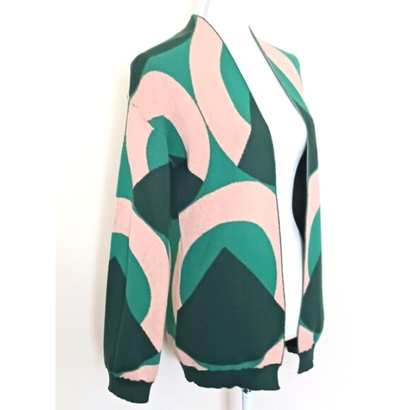 Anonyme Designers Italian Knit Open Cardigan Pink Green Geometric Sz 2 XS - Picture 2 of 9
